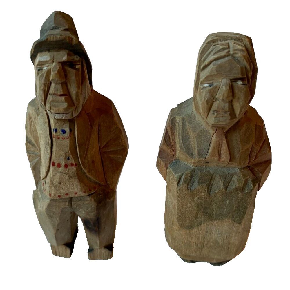 Vintage Hand Carved‎ Wooden Danish Couple Fisherman and Woman Folk Art Denmark
